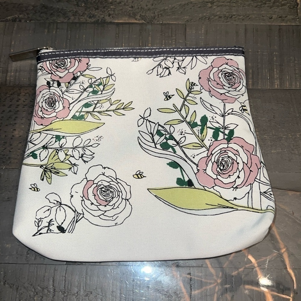 Fresh Beauty Floral Canvas Makeup Bag Pink Rose Bumblebee Zipper Pouch Travel